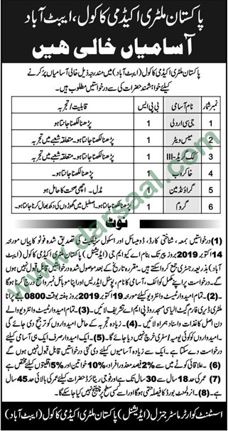 Cook Jobs in Pakistan Military Academy in Abbottabad - Sep 29, 2019